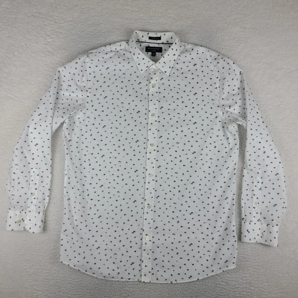 Banana Republic Shirt Mens XL Black‎ White Floral Slim Fit Non Iron Button Up